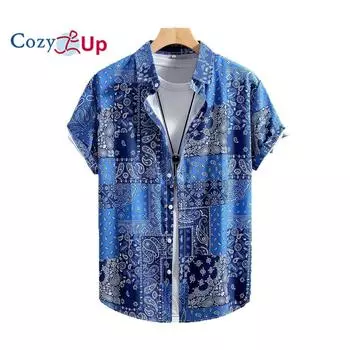 Мужская рубашка с коротким рукавом, темно-синяя рубашка с принтом кешью для мужчин, лето 2025 г., новая коллекция S синий
