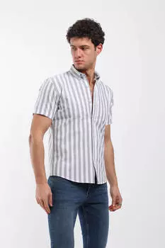 Мужская рубашка с коротким рукавом в прямую полоску цвета хаки