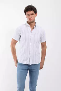 Мужская рубашка с коротким рукавом в вертикальную полоску дымчатая