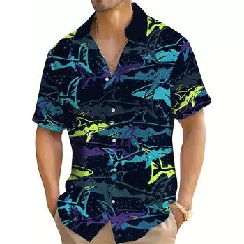 Мужская рубашка с короткими рукавами и принтом в виде акулы из мультфильма «Океанский повелитель» подходит для летнего гавайского отдыха на море для мужчин S