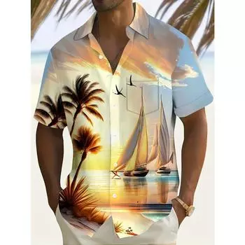 Мужская рубашка с короткими рукавами и принтом в тропическом пляжном стиле M