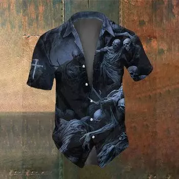 Мужская рубашка с короткими рукавами и принтом в виде черепа ужаса и креста, летний уличный тренд, мужской свободный топ для вечеринки, размер S-5XL S