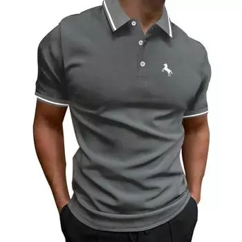 Мужская рубашка с короткими рукавами и воротником-поло, деловая футболка-поло с принтом. S темно-синий