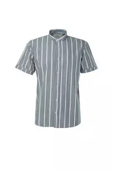 Мужская рубашка с короткими рукавами и воротником-стойкой в вертикальную полоску, зеленая
