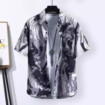 Мужская рубашка с короткими рукавами, свободный отложной воротник, однобортный накладной карман по цвету, мягкий отпуск M синий