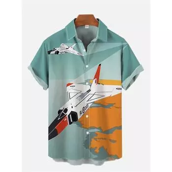 Мужская рубашка с короткими рукавами Thunder Fighter Print Hawaiian Beach Casual Men s Lapel Top Large Size Loose Men s Shirt M