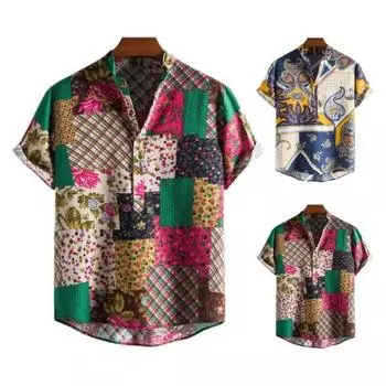 Мужская рубашка с красочным принтом и отложным воротником с коротким рукавом, однобортная, свободная, мягкая, повседневная, для отдыха, пляжа M зелёный