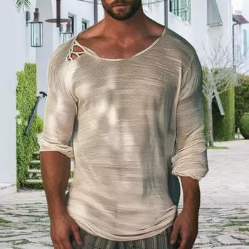 Мужская рубашка с круглым вырезом и длинным рукавом, однотонный дизайн, мягкая дышащая свободная посадка, повседневная спортивная рубашка для фитнеса, повседневная одежда S бежевый
