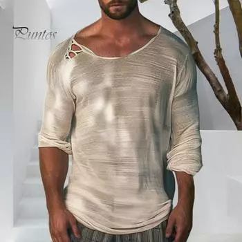 Мужская рубашка с круглым вырезом и длинным рукавом, однотонный дизайн, мягкая дышащая свободная посадка, повседневная спортивная рубашка для фитнеса, повседневная одежда S бежевый