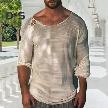 Мужская рубашка с круглым вырезом и длинным рукавом, однотонный дизайн, мягкая дышащая свободная посадка, повседневная спортивная рубашка для фитнеса, повседневная одежда S бежевый