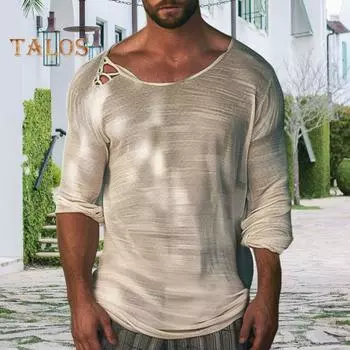 Мужская рубашка с круглым вырезом и длинным рукавом, однотонный дизайн, мягкая дышащая свободная посадка, повседневная спортивная рубашка для фитнеса, повседневная одежда S бежевый