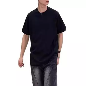 Мужская рубашка с круглым вырезом, пуговицами, полузастежкой, коротким рукавом, свободным кроем, вафельной текстурой, повседневная футболка для дома, спортзала, уличная одежда L чёрный