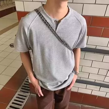 Мужская рубашка с круглым вырезом, пуговицами, полузастежкой, коротким рукавом, свободным кроем L чёрный