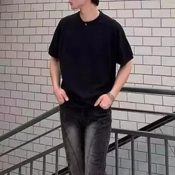 Мужская рубашка с круглым вырезом, пуговицами, полузастежкой, коротким рукавом, свободный крой, топы вафельные L чёрный