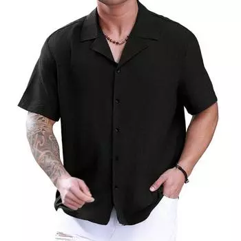 Мужская рубашка с кубинским воротником, короткий рукав, рубашка на пуговицах, однотонная, свободная, повседневная летняя пляжная рубашка для повседневной носки, для работы и отдыха M чёрный