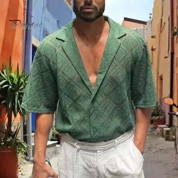 Мужская рубашка с кубинским воротником, повседневная, ажурная, трикотажная, на пуговицах, винтажная, с коротким рукавом, летний пляжный топ для уличного отдыха M зелёный
