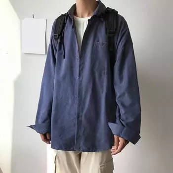 Мужская рубашка с лацканами, длинный рукав, однобортная рубашка, однотонный цвет, накладной карман, повседневная рубашка, свободный крой, удобная куртка M темно-синий