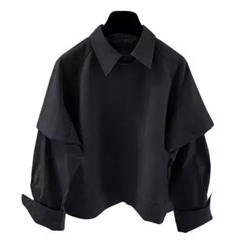 Мужская рубашка с лацканами, длинный рукав, однотонная, сращивающаяся, имитация, из двух частей, пуловер, свободный крой, повседневная рубашка, рабочая одежда XXL чёрный