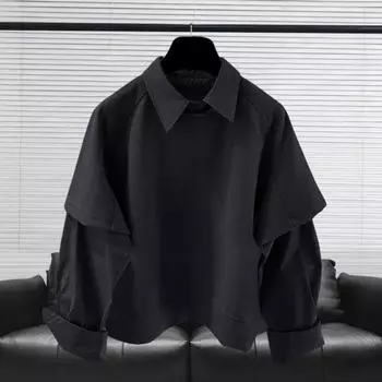 Мужская рубашка с лацканами, длинный рукав, однотонная, сращивающаяся, имитация, из двух частей, пуловер, свободный крой, повседневная рубашка, рабочая одежда L чёрный