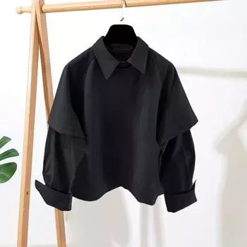 Мужская рубашка с лацканами, длинный рукав, однотонная, сращивающаяся, имитация, из двух частей, пуловер, свободный крой, повседневная рубашка, рабочая одежда XXL чёрный