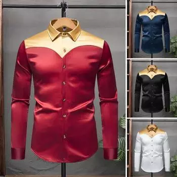 Мужская рубашка с лацканами и длинным рукавом из атласа с индивидуальным цветовым блоком, рубашка с пуговицами и планкой, повседневная одежда для отдыха на улице, работа S темно-синий