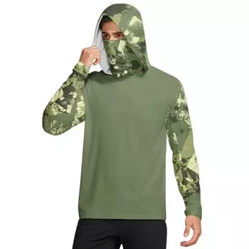 Мужская рубашка с маской Легкая с длинным рукавом Капюшон Для пеших прогулок Рыбалки Для выступлений L армия зеленый