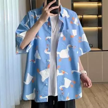 Мужская рубашка с мультяшным животным принтом на рукавах, Гавайи, отложная, свободная, однобортная, с коротким воротником, быстросохнущая, мягкая, дышащая, средней длины XL серый