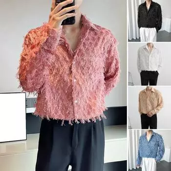 Мужская рубашка с нагрудным карманом и кисточками, отложным воротником, однобортная, с длинными рукавами, однотонная, для праздничной рождественской вечеринки, клубный топ 2XL озеро синий