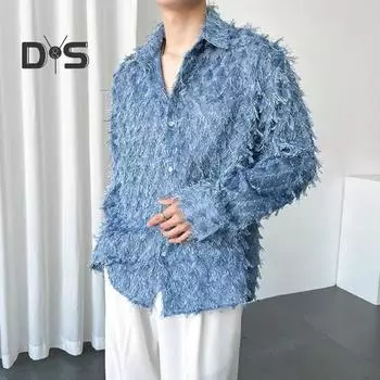 Мужская рубашка с нагрудным карманом и кисточками, отложным воротником, однобортная, с длинными рукавами, однотонная, для праздничной рождественской вечеринки, клубный топ 2XL озеро синий