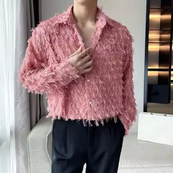 Мужская рубашка с нагрудным карманом и кисточками, отложным воротником, однобортная, длинная XL арбуз красный