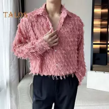 Мужская рубашка с нагрудным карманом и кисточками, отложным воротником, однобортная, с длинными рукавами, однотонная, для праздничной рождественской вечеринки, клубный топ 2XL белый