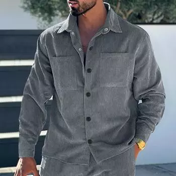 Мужская рубашка с несколькими карманами, облегающий кардиган, вельветовая повседневная мужская куртка, модный топ S чёрный