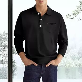 Мужская рубашка с отложным воротником и длинным рукавом, накладной карман, однотонный пуловер на пуговицах средней длины L темно-синий