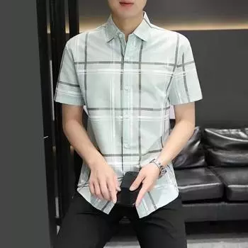 Мужская рубашка с отложным воротником и коротким рукавом, однобортный кардиган, мягкий контрастный цвет с принтом средней длины M зелёный