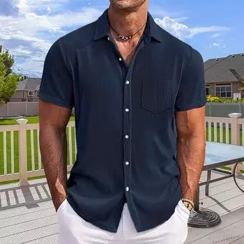 Мужская рубашка с отложным воротником, однобортная, большого размера, однотонная, средней длины, свободного цвета, с нагрудным карманом, с короткими рукавами, уличная одежда, повседневная M чёрный