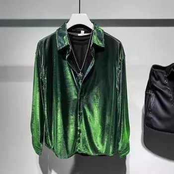 Мужская рубашка с отложным воротником, свободная, глянцевая поверхность, однобортная, свободная, с длинным рукавом, клубная M зелёный