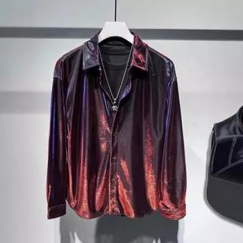 Мужская рубашка с отложным воротником, свободная, глянцевая, однобортная, с длинным рукавом, для клуба, вечеринки, повседневная, официальная рубашка L пурпурно красный