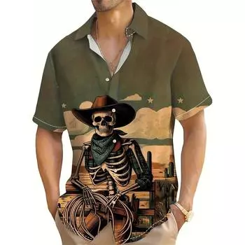 Мужская рубашка с принтом черепа в стиле вестерн-ковбой, летняя мужская повседневная рубашка с коротким рукавом, модная мужская футболка большого размера S