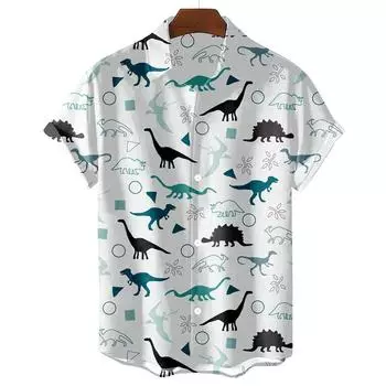 Мужская рубашка с принтом динозавра, рубашка большого размера с короткими рукавами, черно-белая, модный уличный стиль S
