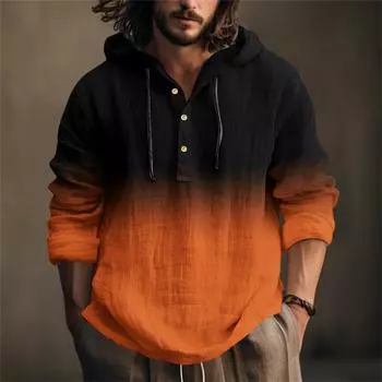 Мужская рубашка с принтом из хлопка и льна с капюшоном, с длинными рукавами, повседневная одежда для весны и лета S шафрановый