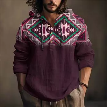 Мужская рубашка с принтом из хлопка и льна с капюшоном, с длинными рукавами, повседневная одежда для весны и лета XL винный