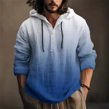 Мужская рубашка с принтом из хлопка и льна с капюшоном, с длинными рукавами, повседневная одежда для весны и лета XXL синий