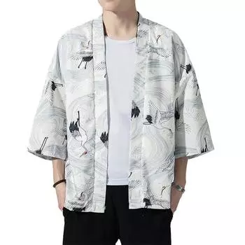 Мужская рубашка с принтом птицы, кимоно в японском стиле, рукава три четверти, мужской костюм самурая юката, азиатская одежда, кардиган, мужская верхняя одежда XL белый