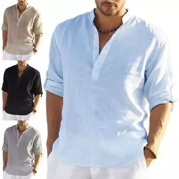 Мужская рубашка с пуговицами, v-образным вырезом и длинным рукавом, легкая однотонная футболка с воротником-стойкой, мужская одежда 2XL чёрный