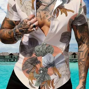 Мужская рубашка с разноцветным принтом в виде листьев растений и воротником - удобная рубашка с короткими рукавами S