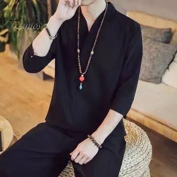 Мужская рубашка с рукавом три четверти и v-образным вырезом в стиле ретро, китайский стиль, тонкий костюм большого размера, свободный костюм Тан, однотонный повседневный топ M белый