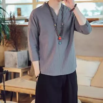 Мужская рубашка с рукавом три четверти V в стиле ретро в китайском стиле с тонким вырезом свободного покроя, однотонный повседневный костюм в стиле Тан M белый