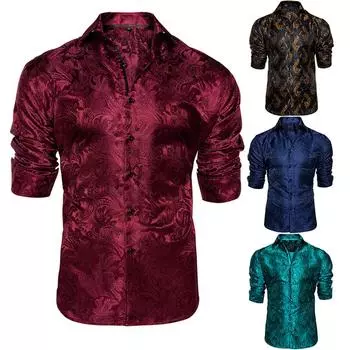Мужская рубашка с узором пейсли, винно-красная, синяя, зеленая, серая рубашка с узором пейсли, шелковая рубашка с длинным рукавом, деловые повседневные рубашки S синий