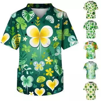 Мужская рубашка с v-образным вырезом и короткими рукавами St. Топ с принтом «День Святого Патрика» и карманами на груди L