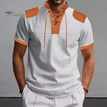 Мужская рубашка с V-образным вырезом на бретелях, цветная футболка с коротким рукавом в вафельную клетку, повседневная летняя футболка для повседневной вечеринки, офиса, путешествий M хаки